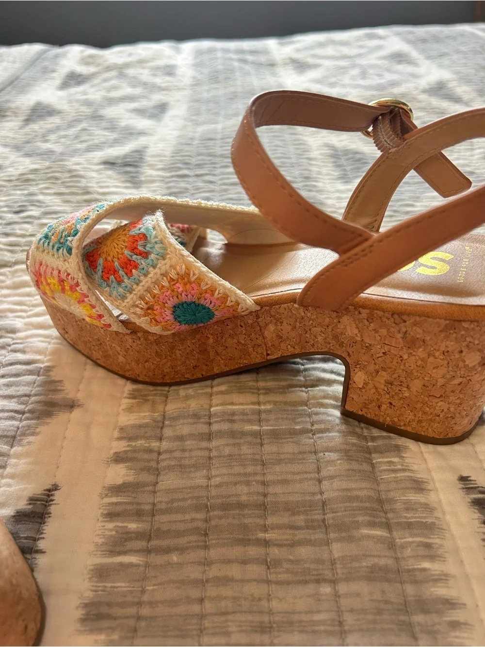 SO Tan Wedge Sandals with Multicolor Crochet Accents